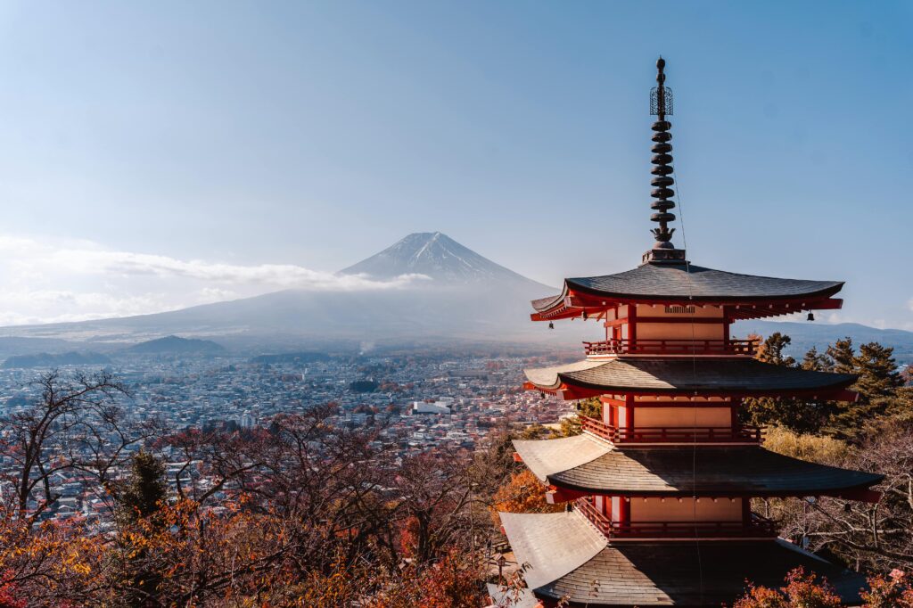Scenic view of Mount Fuji and Chureito Pagoda with autumn foliage, Japan.
